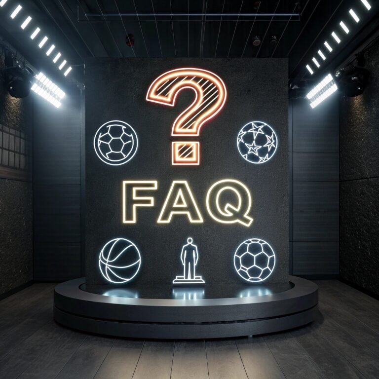 FAQ section visual with sports icons, including soccer balls and a basketball.