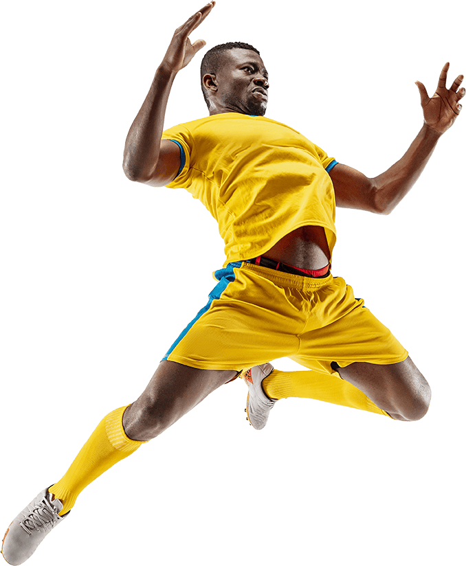 Football player in action catching a flying soccer ball, part of the PrimeTips homepage animation