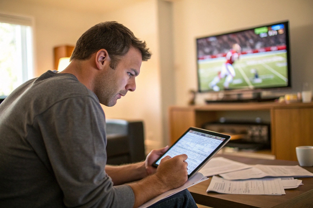 Football tipster analyzing Mix Betting Plan strategies on tablet.