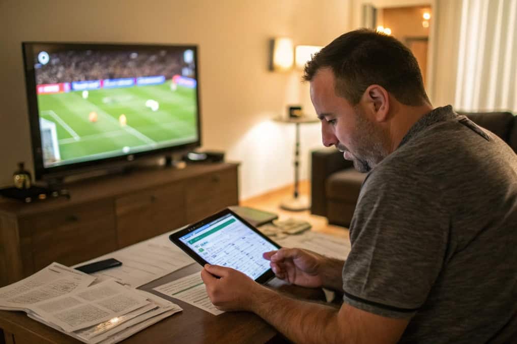 Sports betting strategies in action: A professional bettor analyzing live odds and statistics on a tablet while watching a football match.