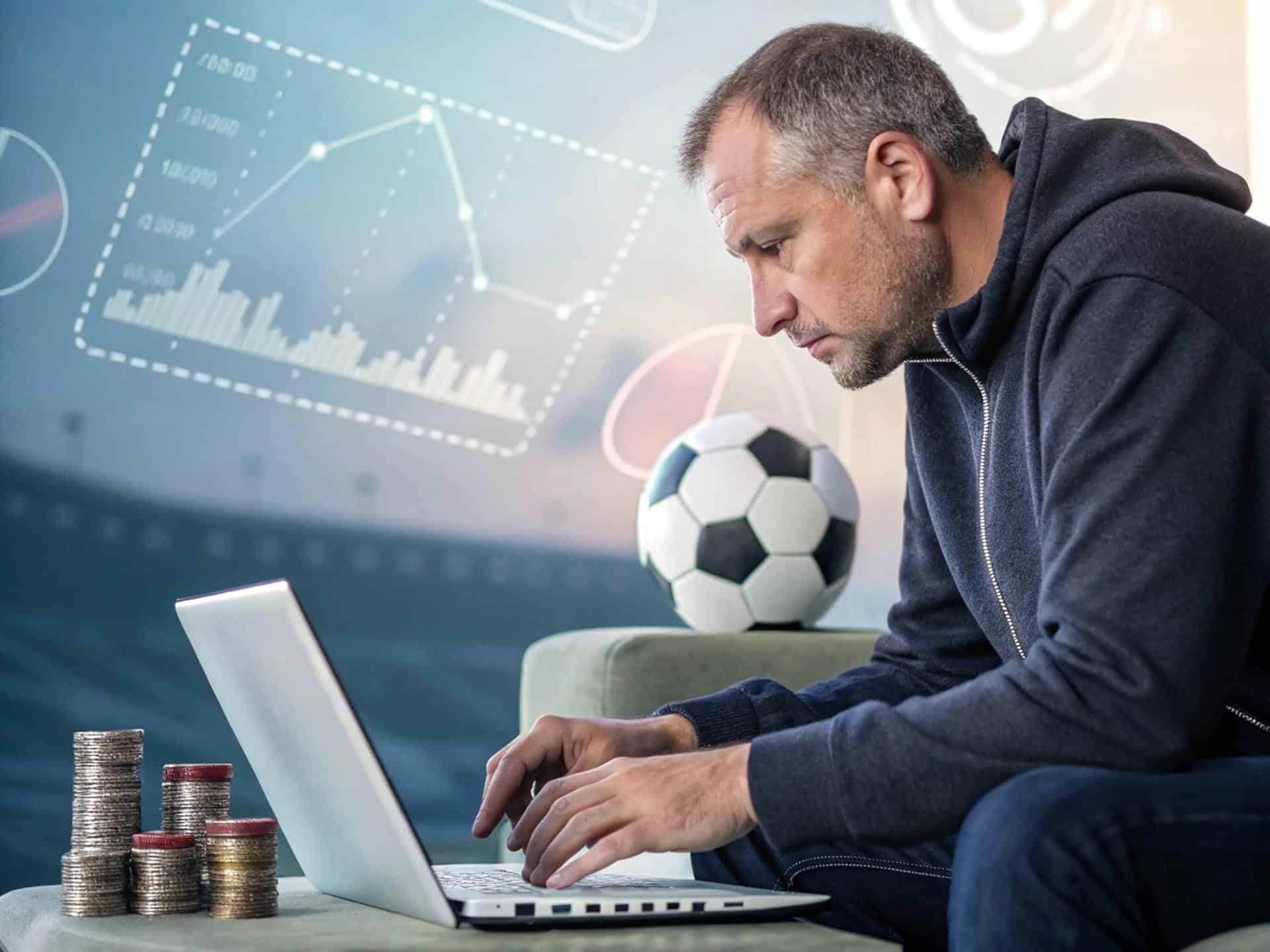 Focused man analyzing football betting strategies on his laptop, representing low-risk sports betting insights.