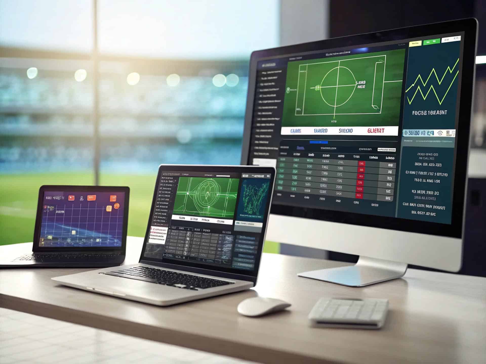 A professional sports bettor analyzing multiple screens displaying betting odds, graphs, and statistics in a sleek, modern workspace, symbolizing safe sports betting strategies.